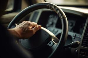 Close-up of a truck drivers hands on the wheel. The focus be on the drivers hands and the details of the dashboard and steering wheel, with a blurred background to give a sense of speed. Generative AI photo