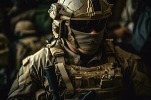 A close-up Special Forces soldier in full tactical gear, including body armor, helmet, and weapon. Generative AI photo