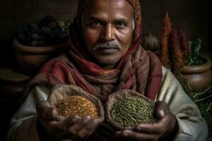 A close-up portrait of an Ayurvedic practitioner holding dried herbs, botanicals and spices. Ultra detailed textures to highlight exotic ingredients used in Ayurvedic medicine. Generative AI photo