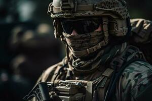 A close-up Special Forces soldier in full tactical gear, including body armor, helmet, and weapon. Generative AI photo