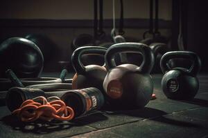 A close-up shot of gym equipment, such as dumbbells, resistance bands, or kettlebells, highlighting the variety of tools available for different workout styles. Generative AI photo