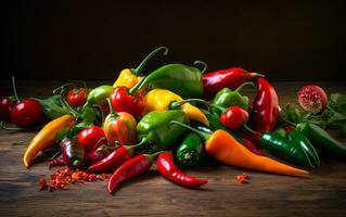 A colorful mix of chili peppers, including red jalapenos, serranos, and habaneros, freshly picked on the dark rustic wooden table. Generative AI. photo