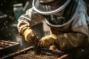 A close-up view of a beekeeper carefully tending to a buzzing beehive, wearing protective gear, and using a smoker to calm the bees. Generative AI. photo