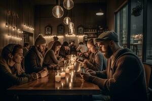 A coffee shop filled with patrons. Hands clutch smartphones and tablets, fingers rapidly tapping and swiping. Social media addiction. Generative AI. photo