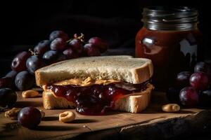 clásico maní mantequilla y jalea sándwich, con el rico, cremoso maní mantequilla perfectamente emparejado con un dulce, sabroso mermelada o gelatina. generativo ai. foto