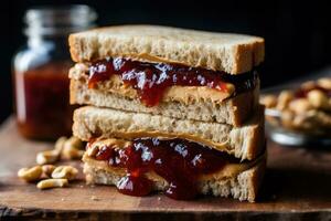 clásico maní mantequilla y jalea sándwich, con el rico, cremoso maní mantequilla perfectamente emparejado con un dulce, sabroso mermelada o gelatina. generativo ai. foto