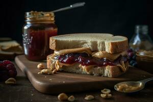 Classic peanut butter and jelly sandwich, with the rich, creamy peanut butter perfectly paired with a sweet, fruity jam or jelly. Generative AI. photo