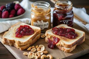 Classic peanut butter and jelly sandwich, with the rich, creamy peanut butter perfectly paired with a sweet, fruity jam or jelly. Generative AI. photo