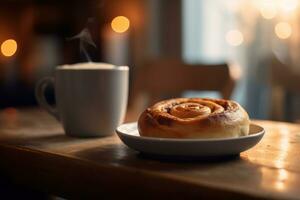 A cozy, inviting scene of a steaming cup of coffee and a deliciously frosted cinnamon roll, with a soft focus background. Generative AI. photo