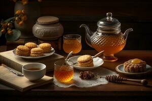 A cozy, honey tea scene, featuring a steaming cup of tea sweetened with a drizzle of golden honey, accompanied by a plate of honey flavored biscuits set in a warm, inviting atmosphere. Generative AI photo