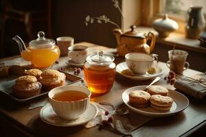 un acogedor, miel té escena, presentando un humeante taza de té endulzado con un llovizna de dorado Miel, acompañado por un plato de miel sazonado galletas conjunto en un cálido, atractivo atmósfera. generativo ai foto