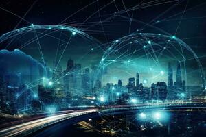 A creative, conceptual image representing automotive global communication, such as a network of connected vehicles, a futuristic cityscape with intelligent transportation systems. Generative AI. photo