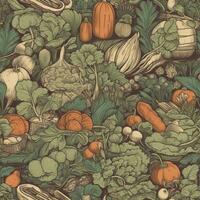 un creativo, artístico interpretación de un vegetal cosecha, presentando ilustraciones de varios verduras, herramientas, y cosecha escenas, conjunto en contra un visualmente agradable, fondo. generativo ai. foto