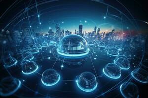 A creative, conceptual image representing automotive global communication, such as a network of connected vehicles, a futuristic cityscape with intelligent transportation systems. Generative AI. photo