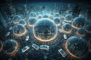 A creative, conceptual image representing automotive global communication, such as a network of connected vehicles, a futuristic cityscape with intelligent transportation systems. Generative AI. photo