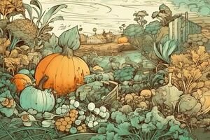A creative of a vegetable harvest, featuring hand-drawn illustration of various vegetables, tools, and harvesting scenes, set against a visually pleasing, imaginative backdrop. Generative AI photo