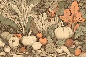 A creative of a vegetable harvest, featuring hand-drawn illustration of various vegetables, tools, and harvesting scenes, set against a visually pleasing, imaginative backdrop. Generative AI photo