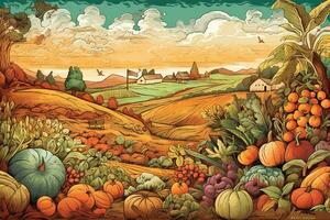 A creative of a vegetable harvest, featuring hand-drawn illustration of various vegetables, tools, and harvesting scenes, set against a visually pleasing, imaginative backdrop. Generative AI photo