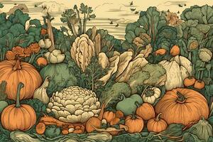 A creative of a vegetable harvest, featuring hand-drawn illustration of various vegetables, tools, and harvesting scenes, set against a visually pleasing, imaginative backdrop. Generative AI photo