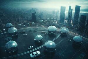 A creative, conceptual image representing automotive global communication, such as a network of connected vehicles, a futuristic cityscape with intelligent transportation systems. Generative AI. photo