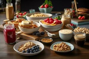 Breakfast with Peanut butter spread tasty dishes, such as peanut butter smoothies, peanut butter and fruit-topped pancakes and granola yogurt bowls. Generative Ai photo