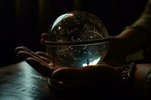 A crystal ball, but instead of a clouded crystal, there are star charts and astronomy diagrams floating in the orb. Palmistry and astrology meet, seeking visions of things yet to come. Generative AI photo