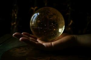 A crystal ball, but instead of a clouded crystal, there are star charts and astronomy diagrams floating in the orb. Palmistry and astrology meet, seeking visions of things yet to come. Generative AI photo