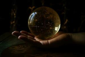 un cristal pelota, pero en lugar de un nublado cristal, allí son estrella cartas y astronomía diagramas flotante en el orbe. quiromancia y astrología encontrarse, buscando visiones de cosas aún a venir. generativo ai foto