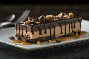 A gourmet peanut butter and chocolate dessert, featuring a rich, chocolate cake, layered with silky, smooth peanut butter, set in an elegant, indulgent atmosphere. Generative AI. photo