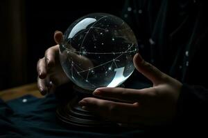 A crystal ball, but instead of a clouded crystal, there are star charts and astronomy diagrams floating in the orb. Palmistry and astrology meet, seeking visions of things yet to come. Generative AI photo