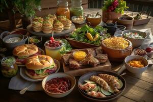 A variety of barbecued dishes, such as burgers, ribs, or grilled vegetables, accompanied by refreshing side dishes and sauces, set against a rustic, wooden table. Generative AI. photo