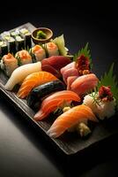 Sushi plato, presentando un variedad de Fresco pez, Sushi rollos, y elegante guarnaciones, presentado en un pulcro, moderno lámina. generativo ai foto