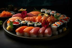 un delicioso Sushi plato, presentando un variedad de Fresco pez, Sushi rollos, y elegante guarnaciones, presentado en un pulcro, moderno lámina. generativo ai. foto