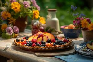 A delicious, summer fruit tart , showcasing an assortment of ripe, juicy fruits, such as peaches, plums, and berries, on outdoor picnic table with a colorful tablecloth and flowers. Generative AI. photo