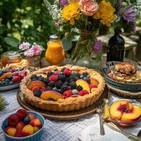 A delicious, summer fruit tart , showcasing an assortment of ripe, juicy fruits, such as peaches, plums, and berries, on outdoor picnic table with a colorful tablecloth and flowers. Generative AI. photo