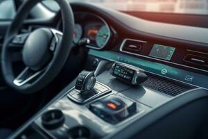 Close-up of automotive communication components, such as sensors, antennas, onboard computers, emphasizing the importance of these items in enhancing vehicle connectivity and safety. Generative AI photo