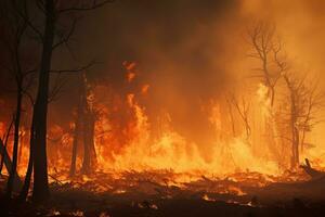 A dense forest on fire, thick black smoke billowing up into the orange sky. Flames licking at the remaining tree trunks. The fire rages out of control. Generative AI photo