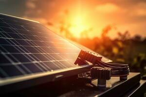 A detailed, close-up shot of essential solar energy components, such as photovoltaic cells, inverters, mounting systems, emphasizing the importance harnessing the power of the sun. Generative AI photo