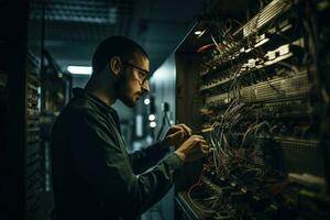 An IT professional troubleshooting a complex network issue and solving problem, showcasing their skill, focus, and expertise, set against the backdrop of a server room. Generative AI photo