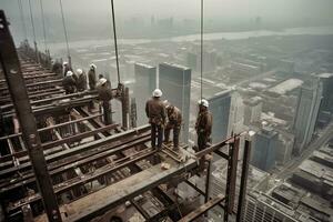 un dramático, Angulo alto Disparo de rascacielos constructores trabajando a vertiginoso alturas, hábilmente montaje acero vigas y asegurando edificio materiales generativo ai. foto