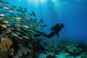 A diver swimming with a school of fish in a coral reef. Generative AI. photo