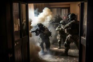 Special Forces team conducting a hostage rescue operation, with soldiers breaching a building and engaging with hostile forces. Generative AI photo