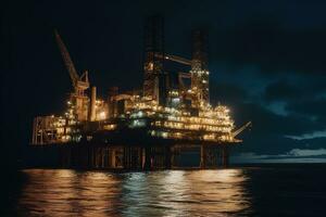 A drilling platform at night. Drilling platform lit up by artificial lights. Industrial and technological advancements that make offshore drilling possible even in the dark. Generative AI photo