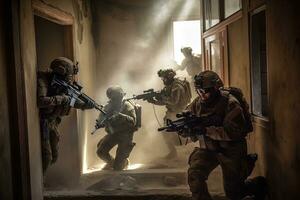 Special Forces team conducting a hostage rescue operation, with soldiers breaching a building and engaging with hostile forces. Generative AI photo