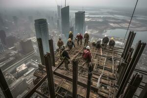 A dramatic, high-angle shot of skyscraper builders working at dizzying heights, skillfully assembling steel beams and securing building materials. Generative AI. photo