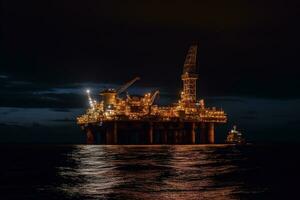 A drilling platform at night. Drilling platform lit up by artificial lights. Industrial and technological advancements that make offshore drilling possible even in the dark. Generative AI photo