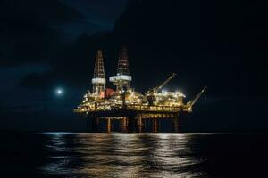 A drilling platform at night. Drilling platform lit up by artificial lights. Industrial and technological advancements that make offshore drilling possible even in the dark. Generative AI photo