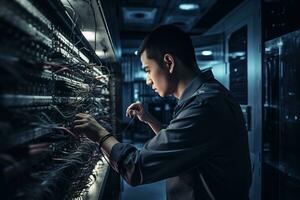 An IT professional troubleshooting a complex network issue and solving problem, showcasing their skill, focus, and expertise, set against the backdrop of a server room. Generative AI photo