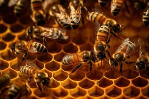 macro ver de abejas trabajando diligentemente dentro su colmena, meticulosamente elaboración panal células lleno con brillante. generativo ai. foto