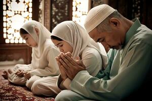 A family praying together during Ramadan in a mosque, with the focus on the family's devotion as they pray together. Importance of family during this holy month. Generative AI photo